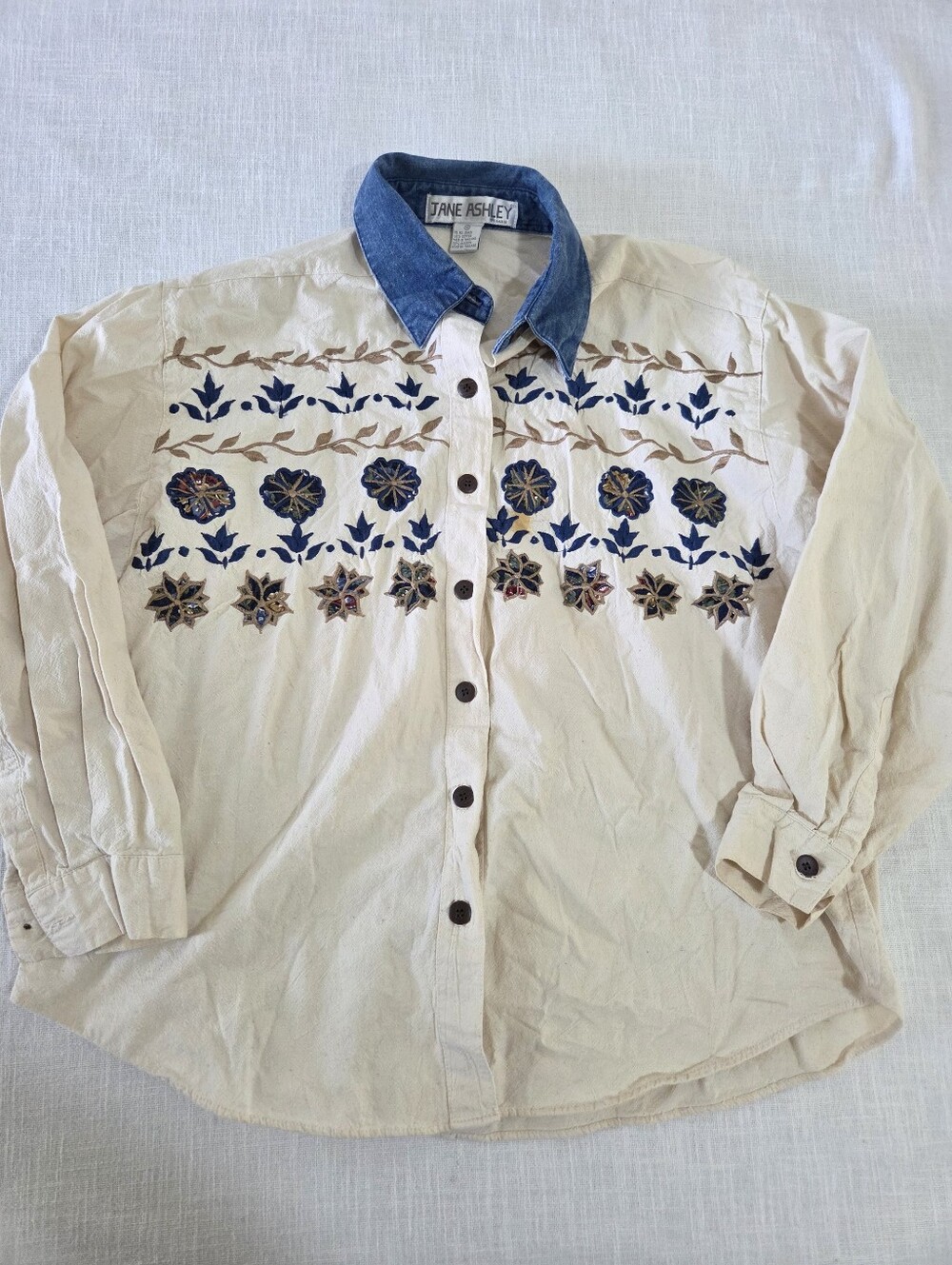 Jane Ashley Cream Button-Front Shirt Blue Denim Collar Navy Embroidery XL 1X